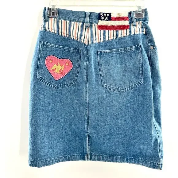 Vintage Denim Patchwork 100% Cotton Skirt Size 6 Cottagecore Patriotic Style - Picture 2 of 9